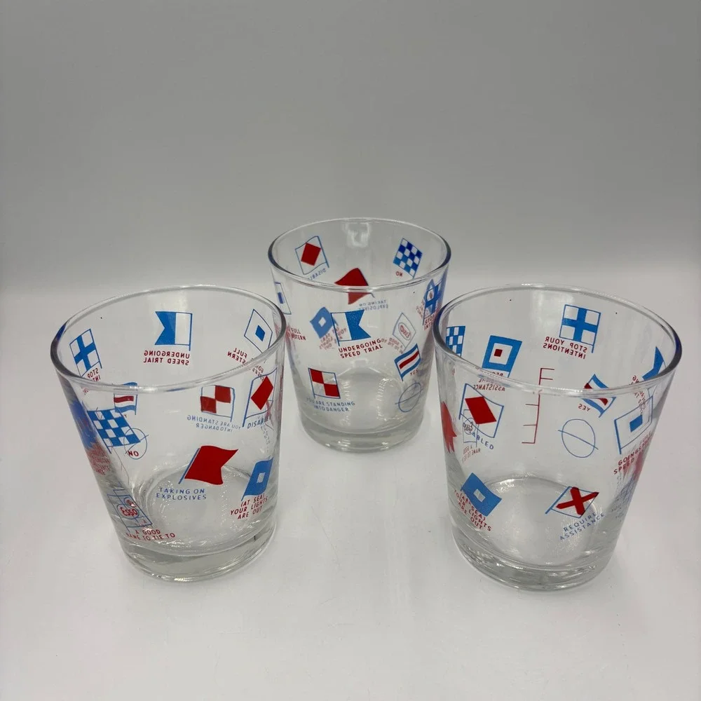 Esso Nautical Signal Flag Rocks Glasses Set of 3 Clear Red Blue Good Vintage
